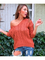 【Latina】Backクロスケーブル編みVネック/レンガ(068)