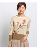 【洗える】カラーブロックリボン刺繍ニット/ブルー系(194)