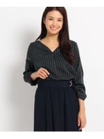 【洗える】レジメンタルタイVネックブラウス/グリーン(122)