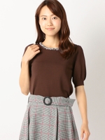 ビジュー刺繍5分袖ニット/パープル