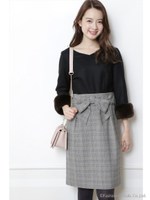 リボンベルト付袖ファーワンピース/チェック