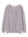 刺繍入りVネックニットプルオーバー/ライトグレー