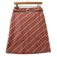 ウエストベルト付チェックセミタイトスカート 38 バーバリーブルーレーベル 66562 BURBERRY BLUE LABEL レッド レディース