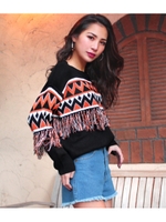 【CHILLE】フリンジデザイン柄ニットトップス/ブラック(027)