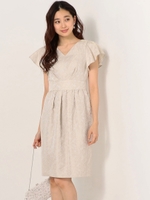 〓JP ジャカード 袖ラッフルワンピース / 二次会 ワンピース / 結婚式 ワンピース/BEIGE