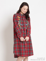 ネルチェック刺しゅうシャツワンピース/レッド