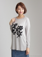 コットンレーヨンフラワーインターシャニットプルオーバー/杢グレー