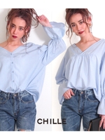 【CHILLE】ストライプ袖シャーリングブラウス/ネイビー(018)