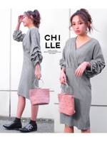 【CHILLE】袖ボリュームチェック柄ワンピース/グレー(006)