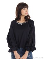 袖ボリュームビジュー付ブラウス/ネイビー