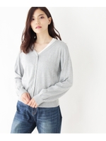 【洗える】ネックリボン付Vネックカーディガン/ライトグレー(011)