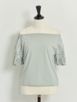 【汗シミ防止】コットンレースライクカットソー/ライトグリーン