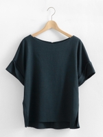 リネンライクターンバック半袖ブラウス/ネイビー