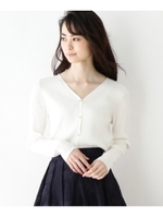 【洗える】ワイドリブVネックカーディガン/ホワイト系(002)