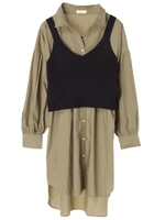 SET2点 シャツワンピース+ニットビスチェ/カーキ