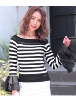 ボーダー袖シフォンフリルトップス/ブラック/ホワイト(051)