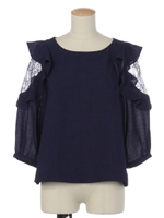 レース切替フリルブラウス/紺