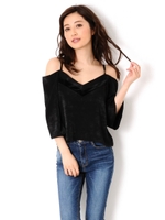 サテン肩出しトップ/BLACK