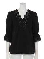 Vネックスカラップレースブラウス/ブラック