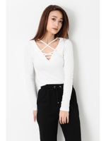 VネックレースアップTOP/WHITE