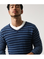 【AZUL BY MOUSSY】リバー天竺ボーダーVネック長袖ニット/柄BLU