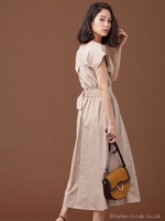 【WEB限定】ベルト付ギャザースカートロングワンピース/ベージュ