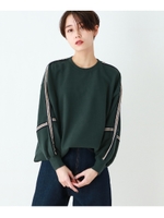 【洗える/裏起毛】ライン入りボリューム袖スウェットプルオーバー/ダークグリーン(023)