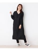 【洗える・42(LL)WEB限定サイズ】起毛ワッフルロングワンピース/チャコールグレー(014)