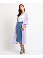 【洗える】サテンロングカーディガン/ライトパープル(081)