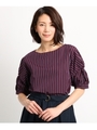 【洗える】ツイストスリーブブラウス/ボルドーストライプ(364)