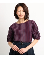 【洗える】ツイストスリーブブラウス/ボルドーストライプ(364)
