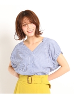 【洗える】ピケコットン袖ギャザーバックリボンシャツ/ブルー(392)