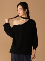 アシンメトリーシャギーチョーカーニットトップス/ブラック