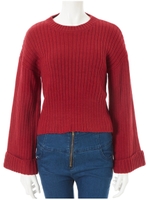 クルーネックリブニットプルオーバー/レッド