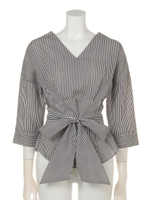 コットンライクストライプウエストリボンブラウス/ブラック