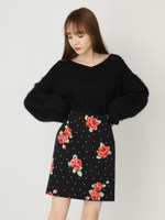 ドットフラワータイトスカート/レッド