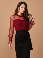 ドットチュールプチハイネック長袖トップス/ボルドー