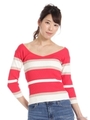 ハートネックマルチボーダーニットトップス/レッド