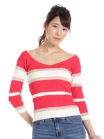 ハートネックマルチボーダーニットトップス/レッド
