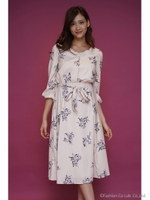 フラワーミディ丈ワンピース/ベージュ