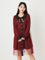 プリントリボンチュールワンピース/ワイン