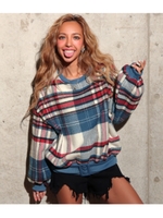 ベルトデザイン起毛タータンチェック柄トップス/ブルー(019)