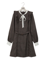 ボウタイ肩フリルワンピ/ブラウン