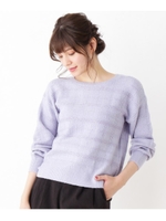 ラメ入りチェッククルーもちもちニット/サックス(090)