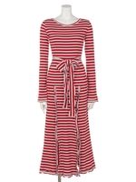 リブボーダーカットワンピース/レッド