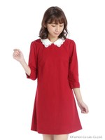 レース衿サックワンピース/ワイン