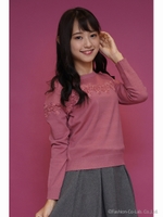 レース切り替えフリルタートルニットプルオーバー/ピンク