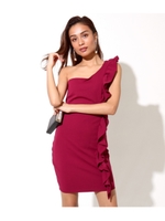 ワンショルダーフリルラインタイトワンピース/ワイン(026)