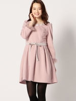 襟シアー刺繍レディーワンピース/ピンク