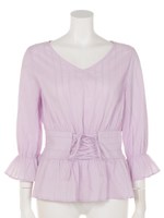 綿ストライプ刺繍コルセット風ブラウス/ラベンダー